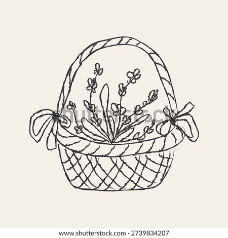 Hand drawn crayon basket of lavender flowers. Charcoal spring wild florals in doodle style. Wax crayon sketch of plants. Ink minimal botanic collection. Grunge vector illustration.