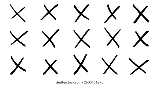 Hand drawn crayon black crosses. Doodle brush handwritten. Marker stroke, pen scribble. Strikethrough x lines. Grunge chalk cross set. Child isolated vector illustration on white background.