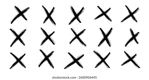 Hand drawn crayon black crosses. Doodle brush handwritten. Marker stroke, pen scribble. Strikethrough x lines. Grunge chalk cross set. Child isolated vector illustration on white background.
