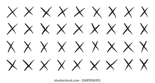 Hand drawn crayon black crosses. Doodle brush handwritten. Marker stroke, pen scribble. Strikethrough x lines. Grunge chalk cross set. Child isolated vector illustration on white background.
