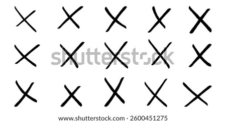 Hand drawn crayon black crosses. Doodle brush handwritten. Marker stroke, pen scribble. Strikethrough x lines. Grunge chalk cross set. Child isolated vector illustration on white background.