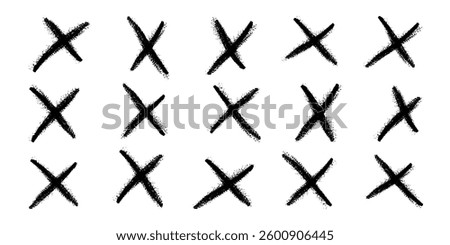 Hand drawn crayon black crosses. Doodle brush handwritten. Marker stroke, pen scribble. Strikethrough x lines. Grunge chalk cross set. Child isolated vector illustration on white background.
