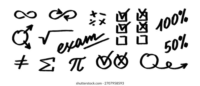 Handgezeichneter Stift schwarz Prüfzeichen gesetzt. Mathematische Symbole, Häkchen, Kreuzzeichen und Grading-Symbole.Texturierte Gradzeichen. Einfache, Vektorelemente für Feedback und Bewertungsdesigns im Bildungsbereich.