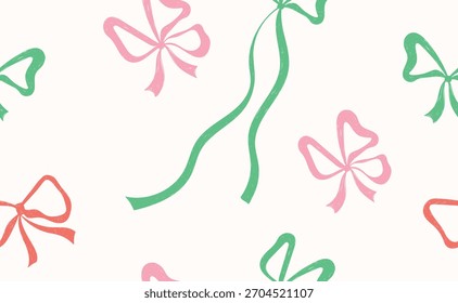 Hand drawn crayon bow seamless pattern with stripes. Whimsical Christmas red, pink, green bowknots. Vintage Xmas background for wedding, birthday. Coquette vector illustration. 
