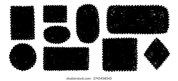 Hand drawn crayon boxes and stamps set. Doodled rough edge borders and frames collection. Black sketched playful geometric shape pack for sticker, logo, collage, banner, patch, label. Vector
