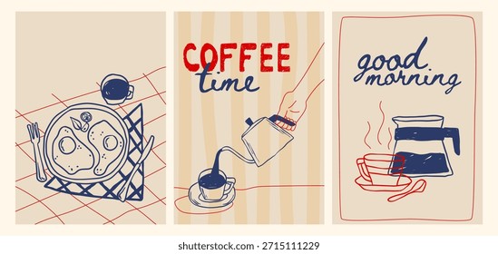 Conjunto de carteles de desayuno de crayón dibujado a mano. Ilustración vectorial de doodle mano vertiendo café de la tetera en la taza, huevos fritos servidos en el plato, café espresso retro sketch, diseño de menú de almuerzo de restaurante