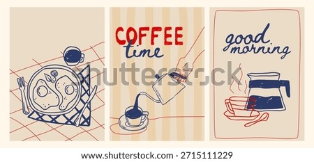 Hand drawn crayon breakfast posters set. Vector illustration of doodle hand pouring coffee from kettle into cup, fried eggs served on plate, espresso cafe retro sketch, restaurant lunch menu design