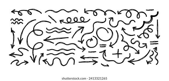 Hand drawn crayon chalk charcoal line arrows set. Many curvy and wavy arrows isolated on white background. Group of squiggles and scribbles strokes. Elements for diagrams.  Freehand swirls, crosses