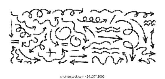 Hand drawn crayon chalk charcoal line arrows set. Many curvy and wavy arrows isolated on white background. Group of squiggles and scribbles strokes. Elements for diagrams.  Freehand swirls, crosses