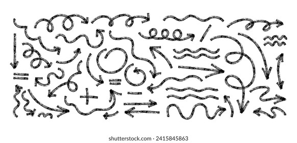 Hand drawn crayon chalk charcoal line arrows set. Many curvy and wavy arrows isolated on white background. Group of squiggles and scribbles strokes. Elements for diagrams.  Freehand swirls, crosses