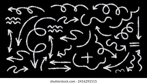 Hand drawn crayon chalk charcoal line arrows set. curvy and wavy arrows isolated on black. Group of squiggles and scribbles strokes. Elements for diagrams. doodle marker. 