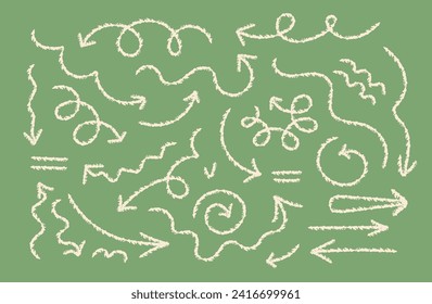 Hand drawn crayon chalk charcoal line arrows set. curvy and wavy arrows isolated on green. Group of squiggles and scribbles strokes. Elements for diagrams. doodle marker. School board
