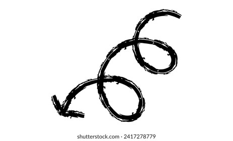 Hand drawn crayon chalk charcoal line arrow. curvy and wavy pointer isolated on white. squiggle and scribble stroke. Element for diagrams. doodle marker. Paint drawn emphasis 