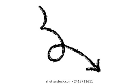 Hand drawn crayon chalk charcoal line arrow. curvy and wavy pointer isolated on white. squiggle and scribble stroke. Element for diagrams. doodle marker. Paint drawn emphasis 