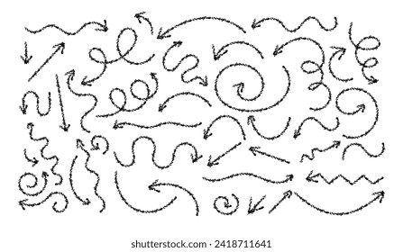 Hand drawn crayon chalk charcoal line arrows set. curvy and wavy arrows isolated on white. Group of squiggles and scribbles strokes.