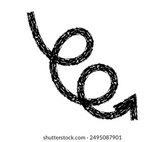 Hand drawn crayon chalk charcoal line arrow. curvy and wavy arrow  squiggle or scribble stroke. Element for diagrams. Vector doodle marker. Freehand swirl  circle grunge stroke. Unique brush underline