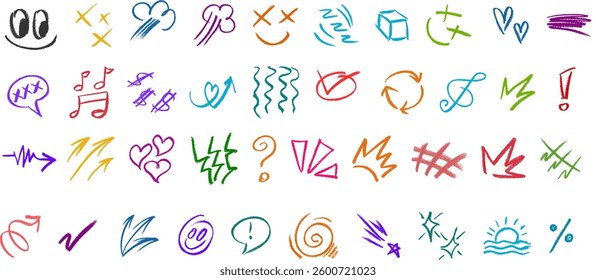 Hand Drawn Crayon Chalk Doodle, Effect Illustrations, Design Element Vector Set