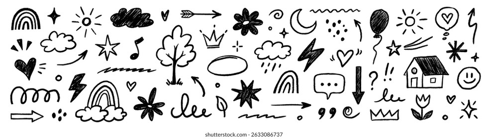 Hand drawn crayon chalk icon set. Cute flower, heart, cloud, star, crown and rainbow in colorful kid scribble style. Tree, house, smile, sun school sketch nature children design. Vector illustration