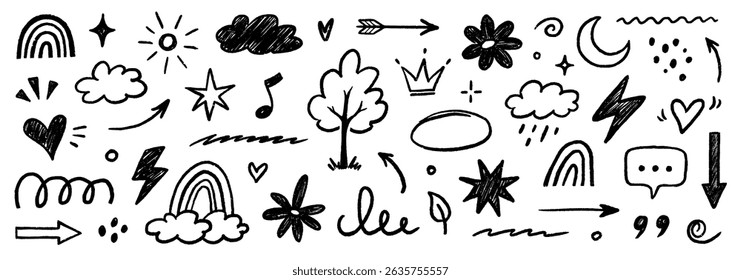 Hand drawn crayon chalk icon set. Cute flower, heart, cloud, star, crown and rainbow in colorful kid scribble style. Tree, house, smile, sun school sketch nature children design. Vector illustration