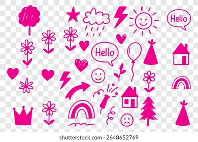 Hand drawn crayon chalk icon set. Cute flower, heart, cloud, star, crown and rainbow in colorful kid scribble style. Tree, house, smile, sun school sketch nature children design. Vector illustration
