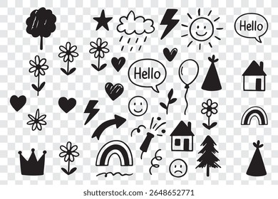 Hand drawn crayon chalk icon set. Cute flower, heart, cloud, star, crown and rainbow in colorful kid scribble style. Tree, house, smile, sun school sketch nature children design. Vector illustration