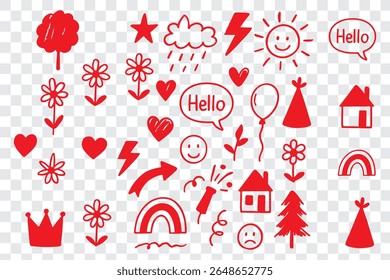 Conjunto de iconos de tiza de crayón dibujado a mano. Linda flor, corazón, nube, estrella, corona y arco iris en estilo de garabato de niño colorido. Árbol, casa, sonrisa, bosquejo de la escuela del sol naturaleza diseño de los niños. Ilustración vectorial