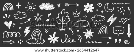 Hand drawn crayon chalk icon set. Cute flower, heart, cloud, star, crown and rainbow in colorful kid scribble style. Tree, house, smile, sun school sketch nature children design. Vector illustration