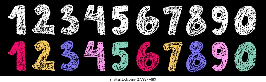 Hand drawn crayon or chalk number set. Doodle drawing kids wax textured numbers