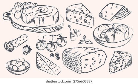 Hand drawn crayon cheese set with various types of cheese, charcuterie boards, grapes and tomatoes. Blue ink line art vector illustration of dairy products and snacks for menu design.