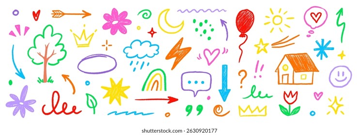 Hand drawn crayon child pencil style icon set. Cute rainbow, heart, crown, flower and sun in colorful kid doodle style. Chalk texture, cloud, smile, star and sketch figure for play or school design