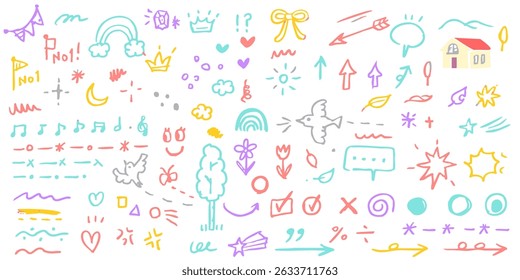 Hand drawn crayon child pencil style icon set. Cute rainbow, heart, crown, flower and sun in colorful kid doodle style. Chalk texture, cloud, smile, star and sketch figure for play or school design