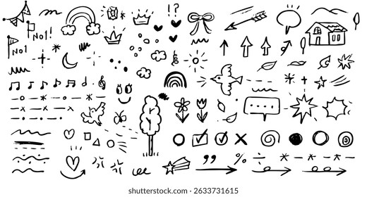 Hand drawn crayon child pencil style icon set. Cute rainbow, heart, crown, flower and sun in black kid doodle style. Chalk texture, cloud, smile, star and sketch figure for play or school design