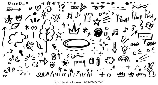  Hand drawn crayon child pencil style icon set. Cute rainbow, heart, crown, flower and sun in black kid doodle style. Chalk texture, cloud, smile, star and sketch figure for play or school design
