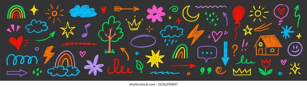 Hand drawn crayon child pencil style icon set. Cute rainbow, heart, crown, flower and sun in colorful kid doodle style. Chalk texture, cloud, smile, star and sketch figure for play or school design
