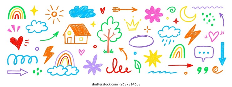 Hand drawn crayon child pencil style icon set. Cute rainbow, heart, crown, flower and sun in colorful kid doodle style. Chalk texture, cloud, smile, star and sketch figure for play or school design