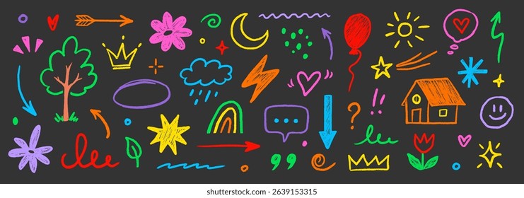 Hand drawn crayon child pencil style icon set. Cute rainbow, heart, crown, flower and sun in colorful kid doodle style. Chalk texture, cloud, smile, star and sketch figure for play or school design