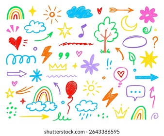 Hand drawn crayon child pencil style icon set. Cute rainbow, heart, crown, flower and sun in colorful kid doodle style. Chalk texture, cloud, smile, star and sketch figure for play or school design