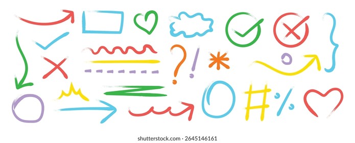 Hand drawn crayon child pencil style icon set. Cute, heart, crown, flower in colorful kid doodle style. Crayon pencil style. Vector illustration