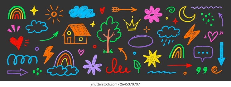 Hand drawn crayon child pencil style icon set. Cute rainbow, heart, crown, flower and sun in colorful kid doodle style. Chalk texture, cloud, smile, star and sketch figure for play or school design