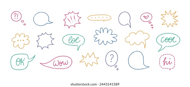 Hand drawn crayon colorful speech bubbles. Vector doodle illustration set.