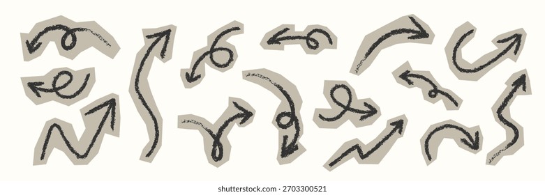 Hand drawn crayon doodle arrows set. Torn paper collage stickers vector. Creative scrapbook doodles. Scribble pointer symbol collection. Arrow with crayon chalk texture for education school design