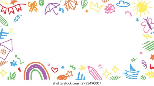Hand drawn crayon doodle frame inspired by kindergarten art. Bright frame box for children projects and creative layouts.