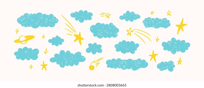 Hand drawn crayon doodle kid background with fluffy blue clouds, shooting star, ufo, planet, comet. Starry sky pastel drawing. Freehand funky childish pencil scribbles. Baby sleep chalk design