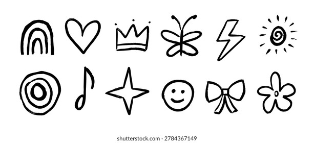 Hand drawn crayon doodle set. Childish paint brush sketch element collection. Naive scribbled flower, bow, rainbow, sun, heart, crown, smile, star illustrations. Vector cute chalk pencil drawing pack