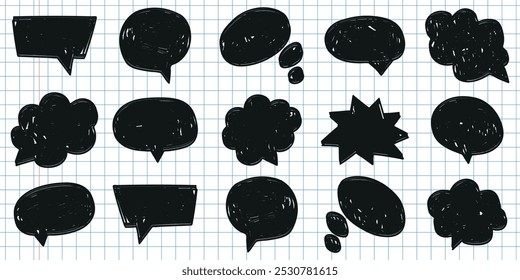 Hand drawn crayon doodle speech cloud bubble set. 