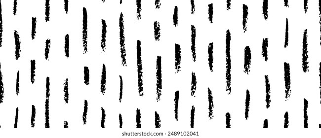 Dibujado a mano de crayón doodle Vertical líneas cortas sin patrón. Fondo abstracto simple con trazos de lápiz, líneas y guiones. Fondo de pantalla de garabato moderno. Ilustración de tinta negra de Vector.