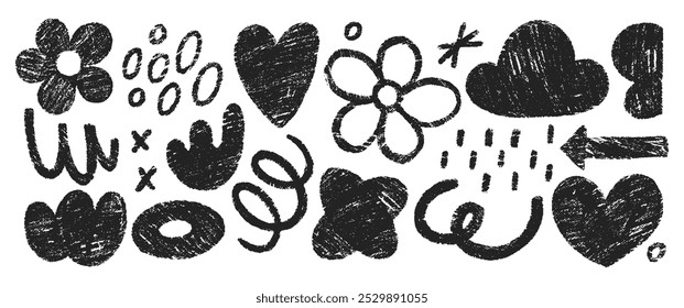 Hand drawn crayon doodles, squiggles, cloud, heart and flower. Abstract funky shapes and arrow with chalk texture. Childish vector illustration.
