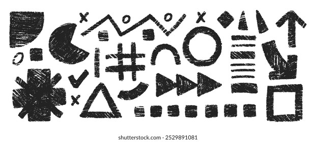 Handgezeichnete Buntstifte, Schnörkel, Dreieck, Pfeil und Raster. Abstrakte funky Formen und Pfeil mit Kreide Textur. Kinderliche Vektorgrafik.