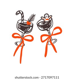Hand drawn crayon doodles two Christmas cocktail glasses with peppermint, candy cane and gingerbread. Festive xmas martini, hot wine, margarita drink. Celebration toast. Charcoal sketch illustration