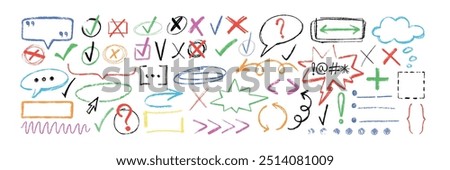 Hand drawn crayon emphasis, highlight oval and rectangle frames. Chalk pencil arrow pointer, speech bubble, strokes, checkmark, punctuation marks. Scribble charcoal text box, lines, underline elements